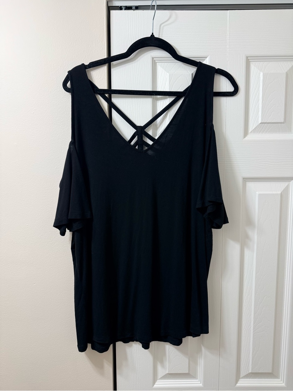 Lane Bryant Black Cold-Shoulder V-Neck Top with Strappy Back Detail